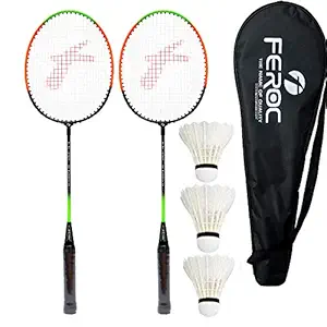 FEROC 2 Pieces Aluminium Badminton Racket with 3 Pieces Feather Shuttles with Full-Cover Set ,Aluminum, Multicolor