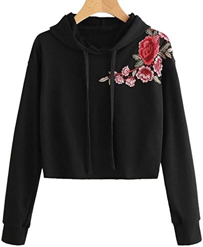 HIFUAR Women's Floral Embroidery Crop Tops Short Hoodie Hooded Sweaters Pullovers