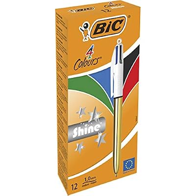 BIC 9647744 Couleurs Shine Stylos-Bille Rétractables Pointe Moyenne - Boîte de 12, 1,0 mm, Corps Doré Métallisé