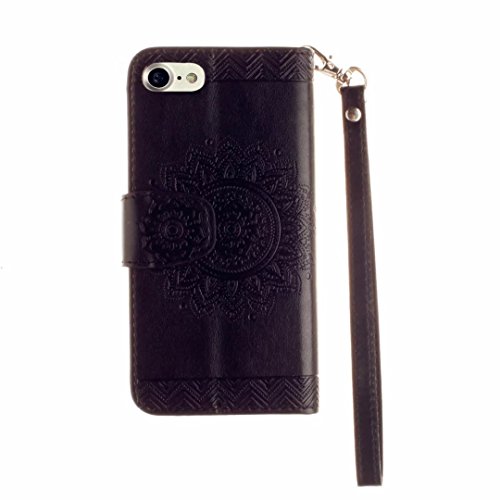 MUTOUREN Hülle für iPhone 7 4.7 Zoll Schutzhülle [Kratzfeste, Scratch-Resistant] Bookstyle PU Lader HandyHülle Tasche Wallet Flip Case Lederhülle Brieftasche mit Standfunktion Kartenfächer Magnetic schließt Painted Muster- Henna Indische Sonne Mandala Schwarz + Metall Stylus Stift - 4