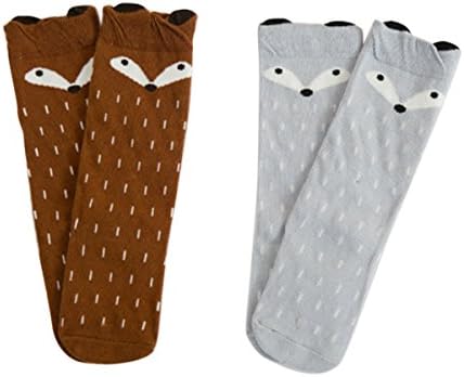 Coofan Adorable Fox Cartoon Knee High Girls Boys Kids Toddler Cotton Socks 2 Pack Age 0-6Y (0-1Y)