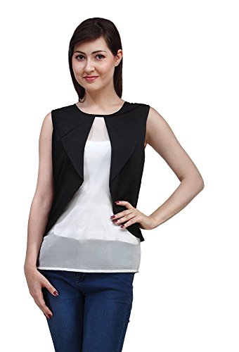 EVES PRET A PORTER Women's Polyester Georgette Black & White Layered Sleeveless Top