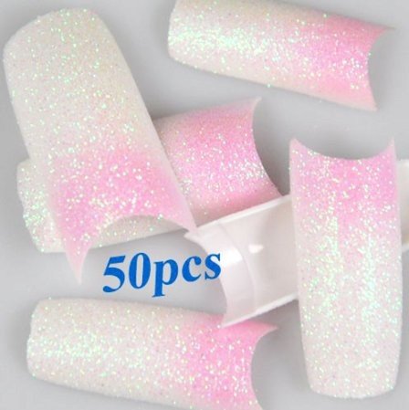 Come 2 Buy - 50pc WHITE & PINK Glitter French False Fake Artificial Acrylic Nail Art Tips 10 Sizes In Box