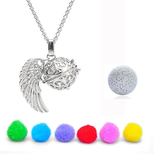 Silver Locket Cage Pendant Fragrance Essential Oil Aromatherapy Diffuser Necklace Natural Lava Stone (Big Angel Wing Locket)