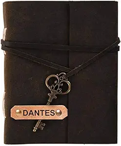 RJKART Handcrafted Leather On Cover A5 180 GSM White Paper Dantes Embossed Key Lock Writing Diary Notebook Doodle Journal Planner Unruled Notepad Sketchbook Personal Diaries for Men and Women - Brown, 5x7 Inch