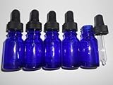 Five 10ml Blue Glass Bottles with Dropper Pipettes