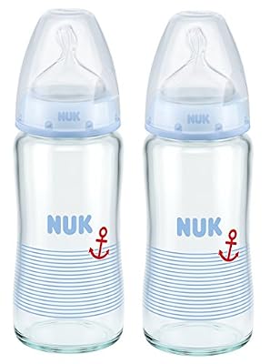 Nuk 10212025 First Choice plus de verre Biberon, 240ml, tétines en silicone, taille 0-6 mois, M, bleu, 2-pack (2 bouteilles)