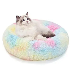 PEOPLE&PETS Soft Long Plush Pet Bed, Calming Self-Warming Round Donut Cuddler, Fluffy Dog Cat Cushion Bed with Anti-Slip & Waterproof Bottom (24