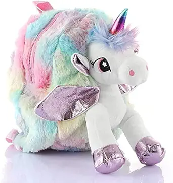 Tahera Unicorn Soft Fur Backpack Purse for Kids Girls. Stylish Sling Fluppy CrossSide Bag for School, Stationery,Picnic & Travel.Birthday Gift for Girls, Return Gift.