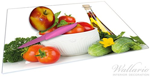 Stilvolle Glasunterlage / Schneidebrett aus Glas, Frische Salatzutaten mit Kräuter-Öl – Tomaten, Gurke, Petersilie, Größe 30 x 40 cm, kratzfest, aus Sicherheitsglas - 2
