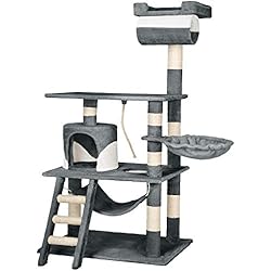 TecTake Arbre à chat griffoir grattoir geant | avec hamac et tunnel | hauteur 141 cm - diverses couleurs au choix - (Gris Blanc | No. 402276)