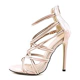  Minetom Damen Sandaletten High Heels Stiletto Reißverschluss Sexy Open Toe Hohl Kreuzgurt Sandalen Abend Party Braut Schuhe Beige 38 EU