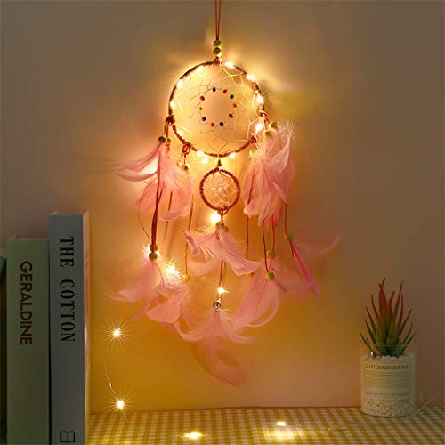Preisvergleich Produktbild bloatboy Feder Dream Catcher mit 20 LED-Leuchten, Handgemachte Traumfänger Anhänger Lichterkette, Girl Nachtlicht Raumdekoration Room Home Decor Anhänger (Rosa)