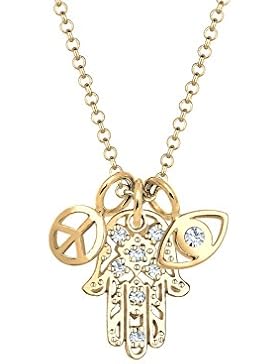 Elli Damen-Kette mit Anhänger Hamsa Hand Peace-Zeichen Evil Eye 925 Silber vergoldet weiß Facettenschliff Swarovski...