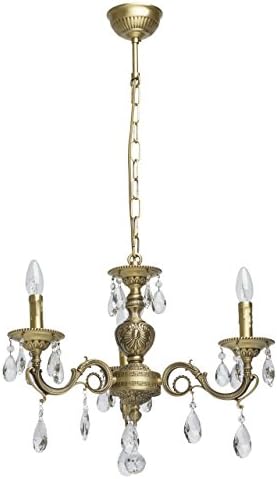 Compact candle-shaped classic pendant chandelier form authentic brass no shades in antique vintage style decorated with clear crystal droplets 3 arms for a bedroom or a living room 3*6W E14 23V
