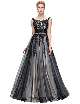 GRACE KARIN® Damen Abendkleider Ballkleider Lange Partykleider Prom Dress mit Schwarz Applikation