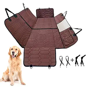 4-in-1 Dog Car Seat Cover 100% Waterproof Car Seat Protector with Mesh Visual Window Nonslip Pet Seat Cover for Back Seat with Storage Pockets Washable Dog Hammock for Cars Trucks and SUVs (Brown)