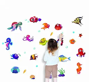 Studio Curate PVC Vinyl Underwater Creatures Wall Sticker Baby Room, Kids Room, Bathroom - (120 x 72cm) (Multicolor)