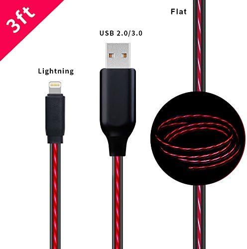 MKDGO 3ft Flat Lightning Cable LED Visible Flowing Light Up USB Sync Data Leads Fast Charging for iPhone X/8Plus/8/7 Plus/7/6s Plus/6s/6 Plus/6/5s/5c/iPad/iPod and More Apple Devices – Red Light