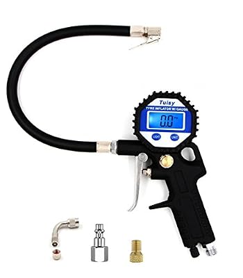 Tuisy Numérique Manomètre Pneu - Tuisy Haute Précis Digital Jauge de Pression de Pneus avec Pistolet Gonflage pour La Voiture Moto Vélos avec Presta Valve et Valve Schrader, Air Chuck, Prolongateur de Valve de 90 Degrés, Tuyau D'air en Caoutchouc 150…