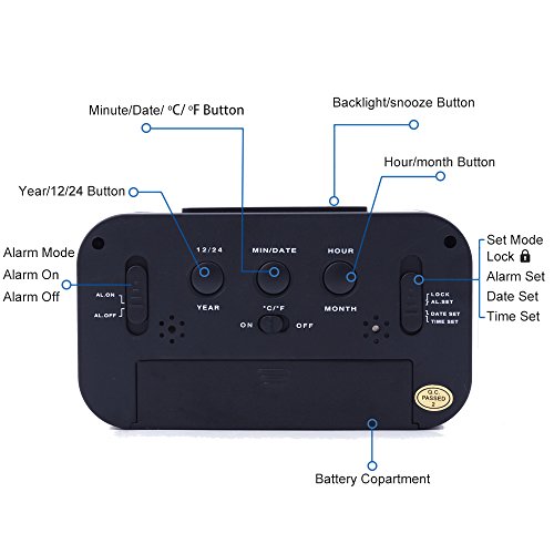 Ankoda® batteriebetriebener LED Digital-Wecker mit extra großem Display, Snooze, Datumsanzeige, Temperatur und Sensor Licht (schwarz) - 4
