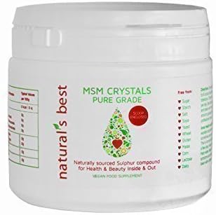 MSM Crystals Pure Grade Sulphur 250g for inner and outer Health and Beauty •	MSM maintain joint and muscle health and comfort •	MSM is important for collagen generation and cartilage formation •	MSM is excellent for healthy smooth skin, shiny, thicker luxuriant hair •	MSM is a great liver detoxifier •	Vegan &amp; Cruelty Free •	Measuring scoop enclosed Free from: * Sugar * Starch * Salt * Salt * Salt * Yeast * Wheat * Gluten * Maize * Corn * Lactose * Dairy Inner Health and Beauty: MSM is an excellent detoxifier and may sometimes cause a laxative effect. This is normal and should stop within a few days. Always drink plenty of fresh water. Reduce intake if symptoms are uncomfortable. Best taken with a Vitamin C supplement. External Health and Beauty: Add a couple of scoops to your final hair and facial rinse.