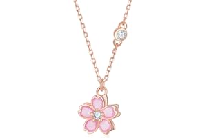 Belons Damen Kette 925 Sterling Silber Zirkonia Emaille Drehbare Kirschblüte Anhänger Halskette Rosegold Kette mit Anhänger für Mädchen Kinder