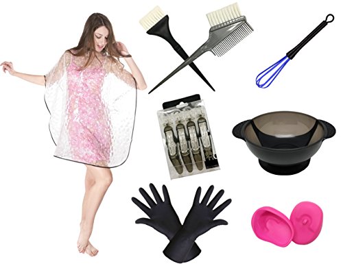 WM Beauty Hair Dye Colouring DIY 8 Pieces Beauty Salon Tool Kit-Chemical Cape, Hair Clips, Rubber Gloves, Mixing Bowl, Hair Stirrer, Ear Cover Protectors,Dye Brush,Twin Headed Brush, Transparent