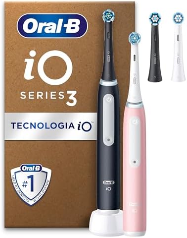 Oral-B Spazzolino Elettrico Ricaricabile iO 3 Rosa e Nero, 2 Testine di Ricambio, 1 Custodia da Viaggio, Confezione Doppia, 2 Spazzolini