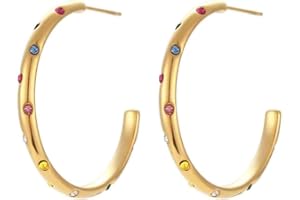 GOLDENCAT Pendientes Pops, Pendientes de Aro Grandes, Pendientes Aro Multicolor con Incrustaciones de Zircón, Aretes con Circonitas, Acero Inoxidable, Baño de Oro 18K, Diámetro de aro 35 mm