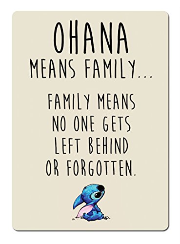 Cirrus Placa metálica para pared, de color beige, con la inscripción «Ohana means Family», dibujo de «Lilo y Stitch»  