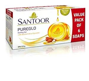 SANTOOR PureGlo Glycerine Bath Soap with Almond Oil for Moisturized, Nourished and Shining Skin, Combo Offer, 125 g, Pack of 6 (8901399344398CT)