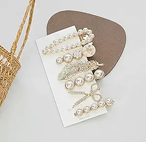 Singham Bajirao enterprises 6 Piece Korean Style Pearl Barrettes Womens Set Hairpin Korean Style Hair Clip Marble Alligator bobby pins Duckbilled H, White