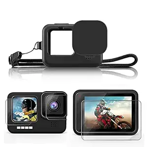 digiMAXX Silicone Lanyard Sleeve Protective Cover + 3 PCS Tempered Glass Screen Guard with Silicone Lens Cover Compatible with Go Pro Hero 9 Action Camera Accessories (Black)