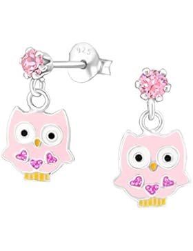 GH1a Rosa Kristall mit Herz Glitzer Eule Ohrstecker 925 Echt Silber Ohrringe Mädchen Kinder