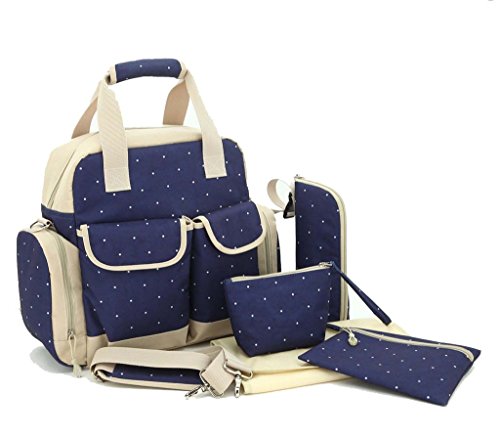 LCY Large 5pcs Backpack Baby Changing Bag 3 Carrying Options Dark Blue Dots