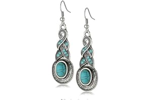 Yazilind Charming Ethnic Tibetan Silver Oval Rimous Turquoise Crystal Drop Dangle Earrings