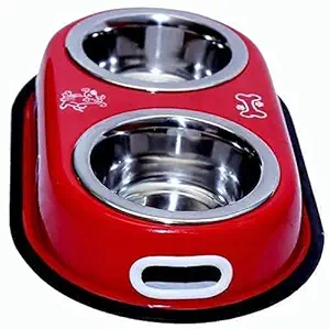 SSM PET MART Stainless Steel Double Diner Dog and Cat Food Bowls with Anti Slip Mat (Color Red, 2x900 ml) 11