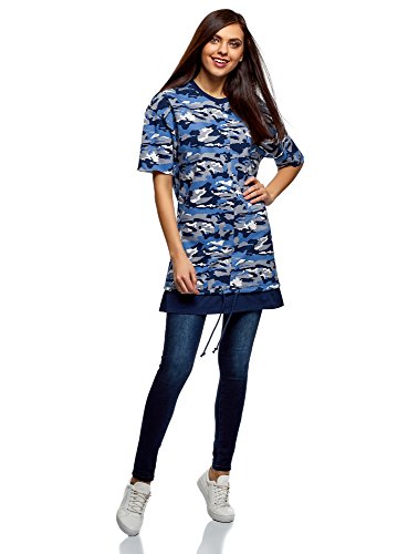 oodji Ultra Femme Sweat-Shirt Oversize Imprimé à Manche avec Bord à Cru, Bleu, FR 40 / M