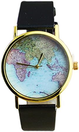 New Styles 4 Colors Leather Watches with World Map Dial Watch Unisex Watches Wristwatch (Black)