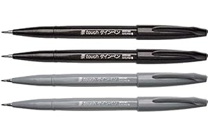 Pentel Sign Pen Brush "Touch" Lot de 4, Lettring, 2 x Noir + 2 x Gris (Nuances) Stylo en fibre avec pointe semblable à un pinceau