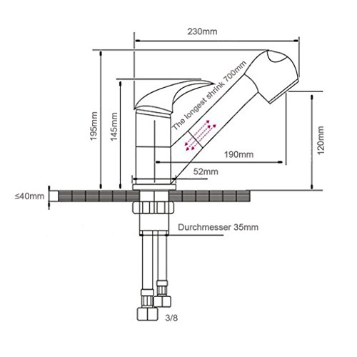 Kaleep Spültischarmatur mit herausziehbarer Geschirrbrause Küche verchromt Hochdruck Armatur Mischbatterie Einhandhebelmischer Wasserhahn Spültisch Wasserhahn - 9