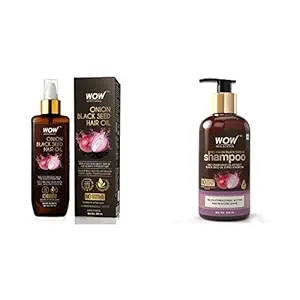 WOW Skin Science Onion Black Seed Hair Oil - Controls Hair Fall - No Mineral Oil, Silicones And WOW Skin Science Red Onion Black Seed Oil Shampoo With Red Onion Seed Oil Extract, Black Seed Oil