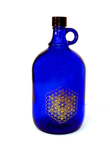 Blaue Glas Flasche 2 Liter mit 2 x Aufkleber „Blume der Vollkommenheit“ - 2