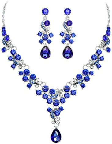 Hmeng Women Wedding Bridal Alloy Rhinestone Jewelry Set Rhinestone Necklace Earrings (Blue)