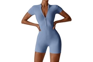Litthing Tutine da Donna, Sexy Scollo a V Corta Jumpsuit Tinta Unica Maniche Corte Bodysuit Monopezzi Zip Tutina Sportivo Rompers Estiva