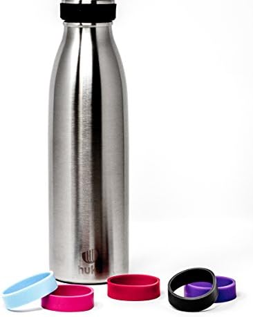 Your Stainless Steel Drinking Bottle of huka - High-Quality Stainless Steel Double Wall Water Bottle (Insulated) for Office, Sports or Travel - 24 h Cool & Free 24 Hours Keeping Warm - 500 ml - FREE ON TOP - 5 Silicone Rings in 5 colours for the Stainless Steel Lid