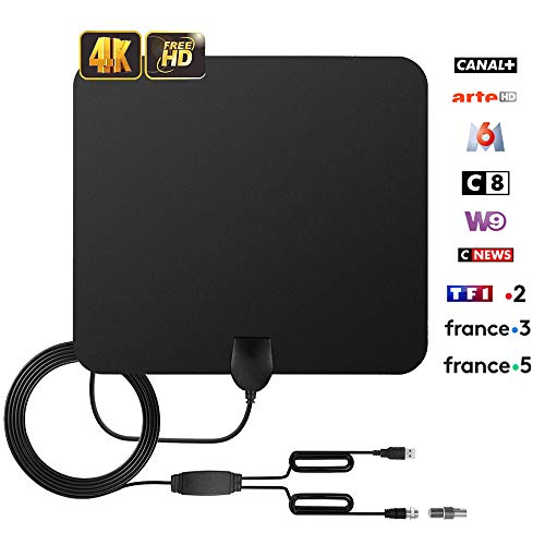 Antenne TV Intérieur HDTV, 2018 Ponangaga Nouvelle Version Antennes Puissante TNT Antenneure Amplifiée 60+ Miles avec 13FT de Haute Performance Câble Coaxial Support VHF/UHF / FM