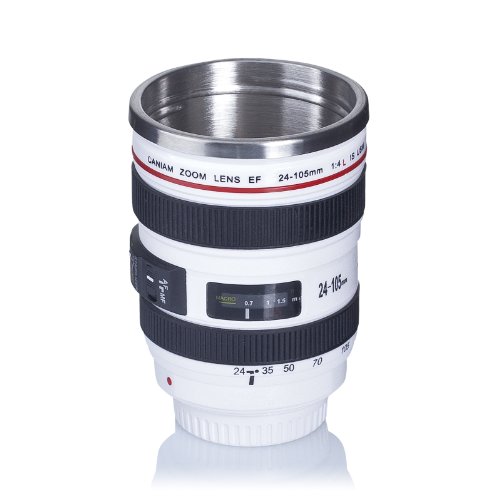 VENKON – Trinkbecher in Kameraobjektiv Design – Drink & Go Deckel – ca. 350ml, weiß - 3