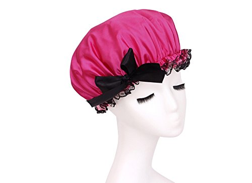 Homgaty Ribbon Elastic Waterproof Bow Lace Hat Bath Hair Care Salon Shower Cap (Rose Pink)